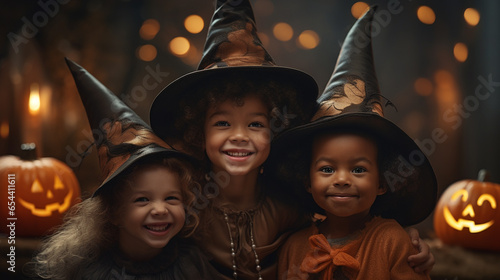 Three mixed race little children in Halloween costumes