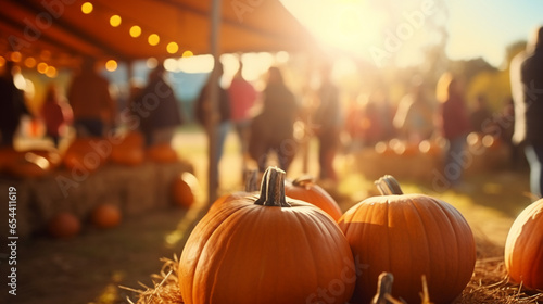 Thanksgiving day concept. Pumpkins on festival  field at sunny day. ai generated