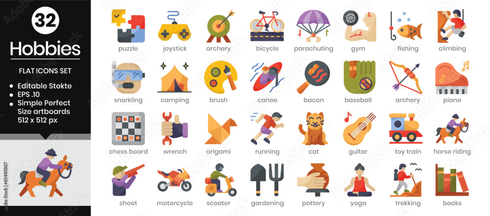 Hobbies (flat) icons set. The collection includes icons from various aspects related to hobbies and leisure, from business and development to, web design, app design, logos, and more. Hobbies (flat) icons set. The collection includes icons from various aspects related to hobbies and leisure, from business and development to, web design, app design, logos, and more.