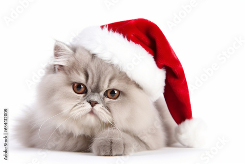 cat with christms red hat on head png white background, generative ai photo