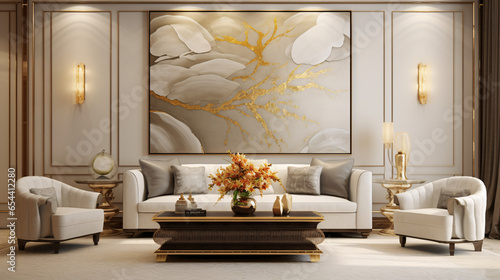 Modern living room featuring traditional interior design with stylish sofa, wall, table, artwork and beautiful decor