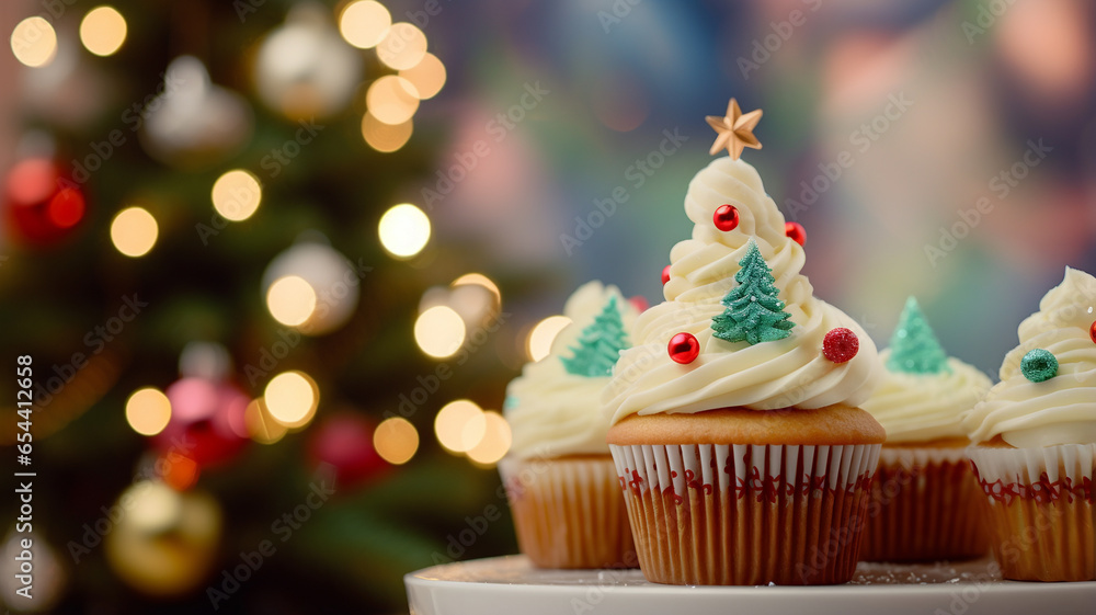 christmas cupcakes, with decorated frosting, icing, stars, christmas tree in the background, winter pastries, glowing christmas lights, food, desert, whipped cream on top christmas cupcakes, with decorated frosting, icing, stars, christmas tree in the background, winter pastries, glowing christmas lights, food, desert, whipped cream on top