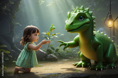 A cute little girl with a greeny dinosaur in friendship, giving hands to each other, animal and kids concept photo