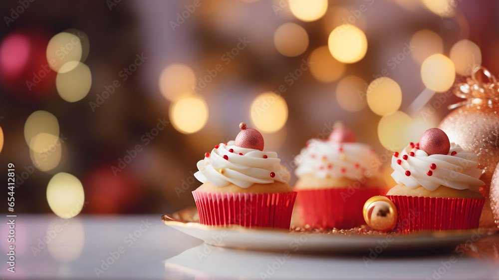 christmas cupcakes, with decorated frosting, icing, stars, christmas tree in the background, winter pastries, glowing christmas lights, food, desert, whipped cream on top christmas cupcakes, with decorated frosting, icing, stars, christmas tree in the background, winter pastries, glowing christmas lights, food, desert, whipped cream on top