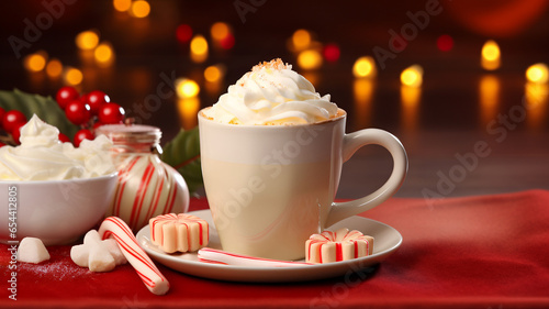 Christmas hot beverage with whipped cream on top, candies and sugar decoration, christmas tree in the back, light and ornament, cocoa, coffee, chocolate