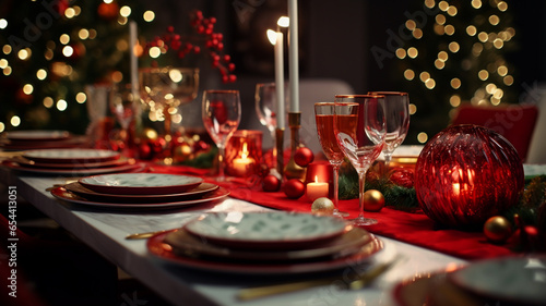 Christmas dinner table, red and green, christmas lights, family moment, xmas decoration, christmas tree and candles, glass of wine, ornaments, stars © GrafitiRex