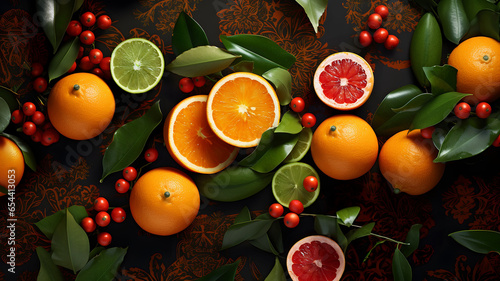 Christmas composition with citrus, orange, red berries, green leaves, fruits, for a christmas sale, winter event, red and green colors, food