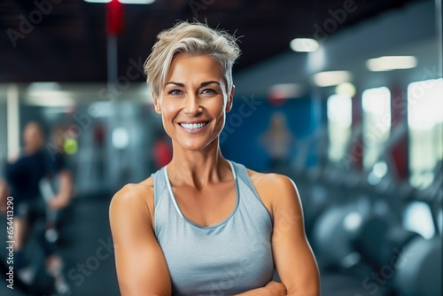Portrait of smiling sporty woman standing with arms crossed in gym