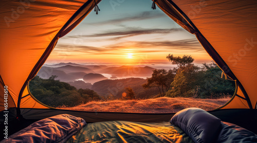 Camping tent in the mountains at sunset.