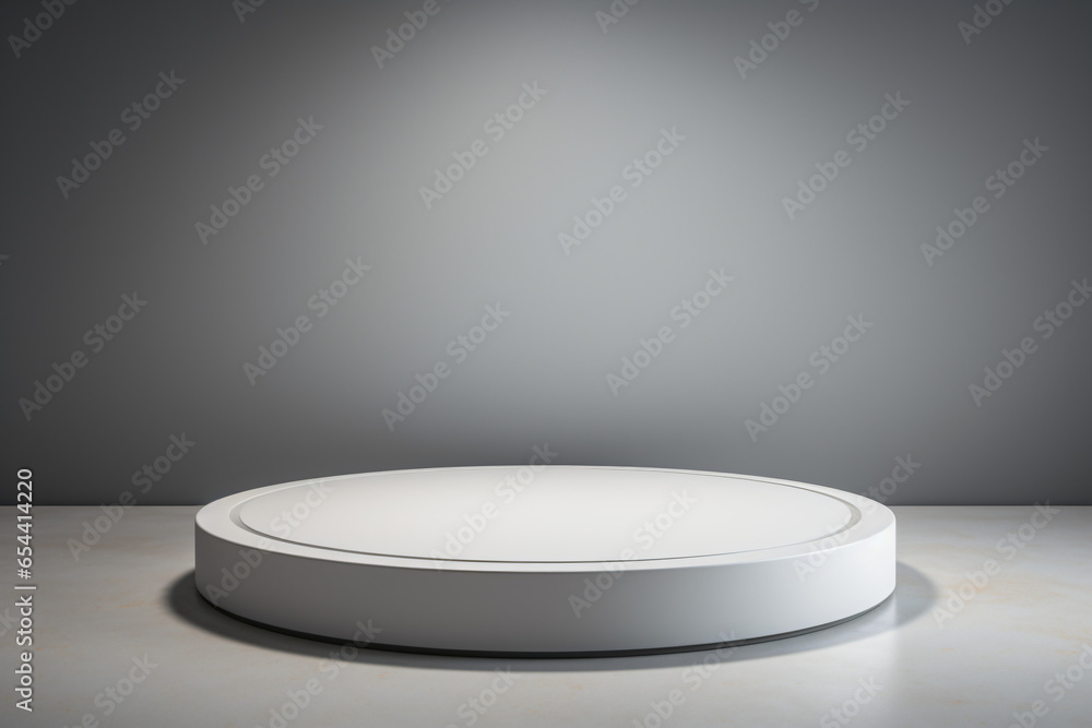 a small round podium white on a gray background