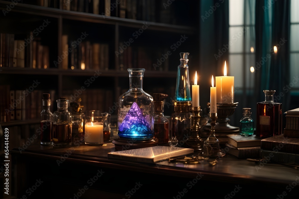 Depict a mystical laboratory scene where a glass vial containing the 