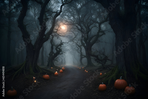 Create a dark and eerie forest scene with gnarled trees, a winding path, and a full moon casting eerie shadows. Populate the scene with ghostly apparitions, lurking creatures, or sinister pumpkins, al
