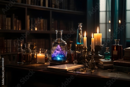 Depict a mystical laboratory scene where a glass vial containing the  Discoloration Serum  stands at the center. The serum inside the vial could exhibit mesmerizing and ever-changing colors  surrounde