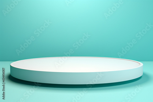  a small round podium white on a turquoise background