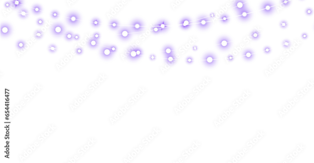 Violet christmas glowing garland. Christmas lights. Colorful Christmas garland. The light bulbs on the wires are insulated. PNG.