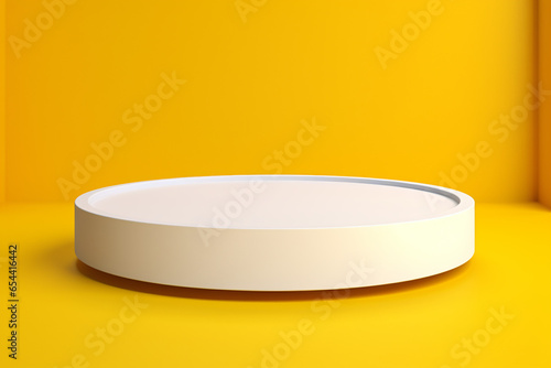  a small round podium white on a yellow background