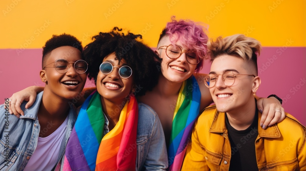Diverse young group of friends with rainbow flags and banners during Gay Pride event, celebrating gay pride festival - LGBTQ community concept. - obrazy, fototapety, plakaty 