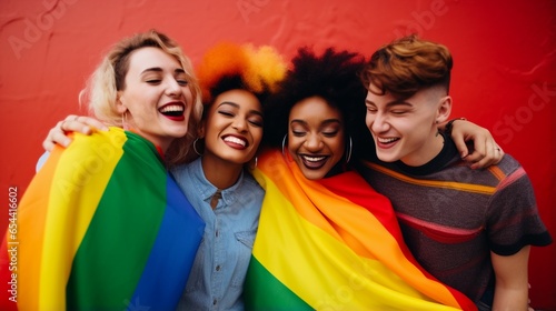 Diverse young group of friends with rainbow flags and banners during Gay Pride event, celebrating gay pride festival - LGBTQ community concept.