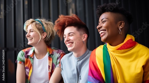 Diverse young group of friends leaning on rainbow colorful background celebrating gay pride festival - LGBTQ community concept