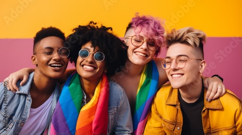 Diverse young group of friends with rainbow flags and banners during Gay Pride event, celebrating gay pride festival - LGBTQ community concept. photo