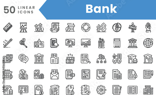 Set of linear Bank icons. Outline style vector illustration