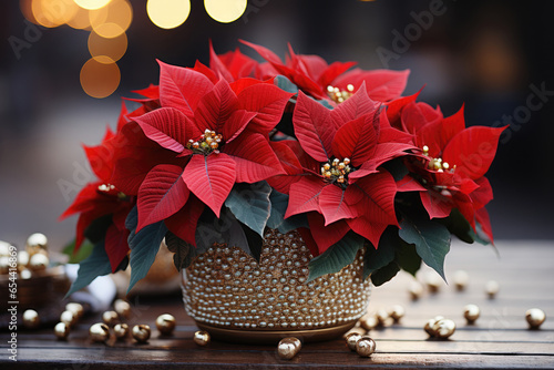 Red Christmas star poinsettia flowers in gold vase photo