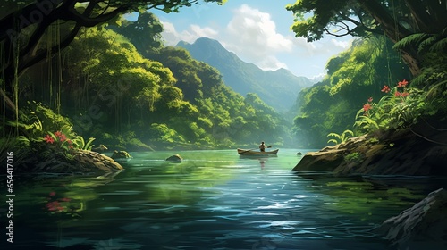 A birthday kayak gliding along a winding river, with lush greenery all around.