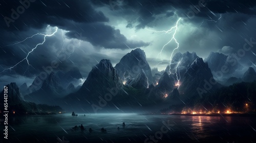 A dramatic thunderstorm over a majestic mountain range, with dark clouds and lightning illuminating the night sky.