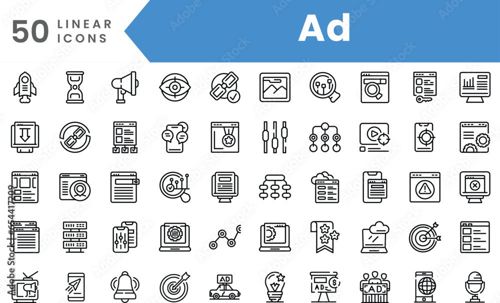 Set of linear Ad icons. Outline style vector illustration