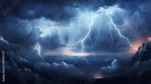 A surreal view of a thunderstorm from above the clouds, with lightning bolts illuminating the mountain peaks below.