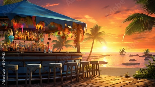 A beachside bar with colorful cocktails on a tropical island, palm trees in the background, and the sun setting over the horizon.