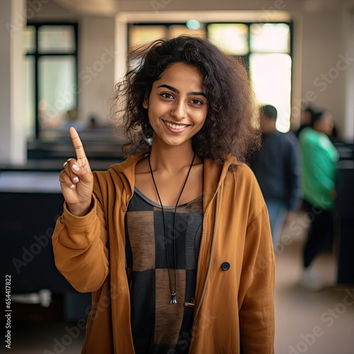 portrait of a happy smiling garments indian woman showing voted ink marked finger during an election by looking at the camera generative ai 