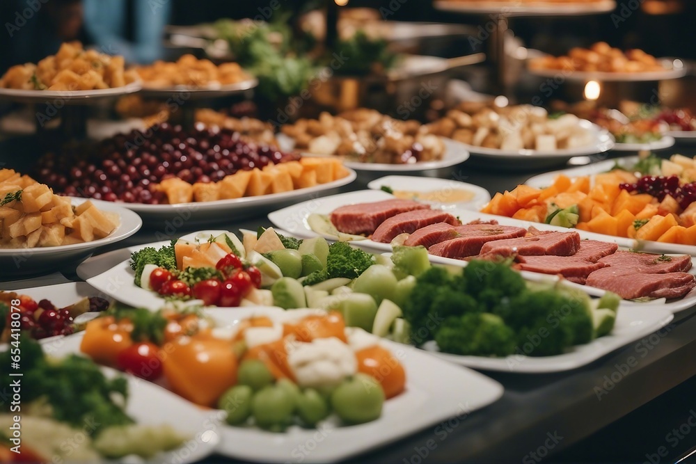 Catering buffet meat food in a restaurant with colorful fruits and vegetables
