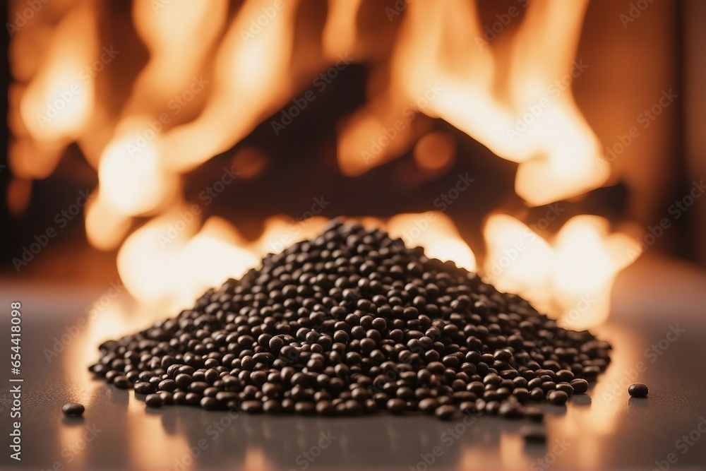 Pellets in front of a fireplace Pellets in front of a fireplace