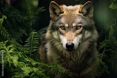 Majestic and gorgeous wolf in the verdant forest