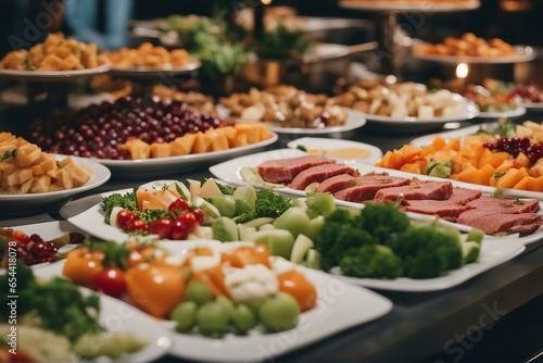 Catering buffet meat food in a restaurant with colorful fruits and vegetables