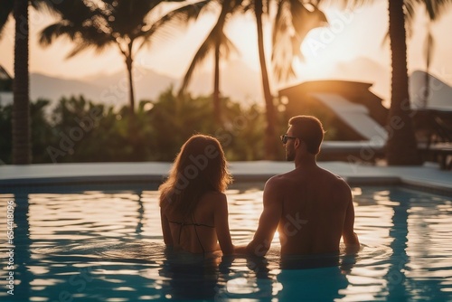 Young couple travelers relaxing and enjoying the sunset in a tropical resort pool © FrameFinesse
