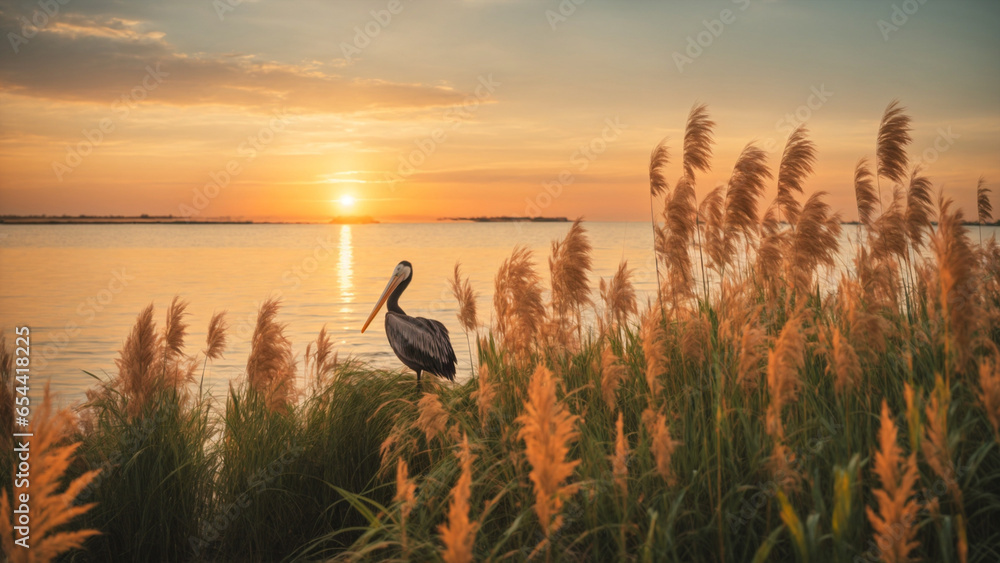 Beautiful scenery of phragmites plants by the sea with a swimming pelican at sunset. - obrazy, fototapety, plakaty 