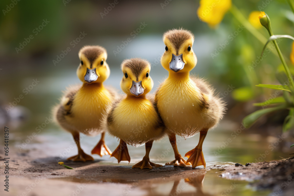 A trio of ducklings following their mother in a perfect line, each trying to imitate her waddle. Concept of duckling parade. Generative Ai. A trio of ducklings following their mother in a perfect line, each trying to imitate her waddle. Concept of duckling parade. Generative Ai.