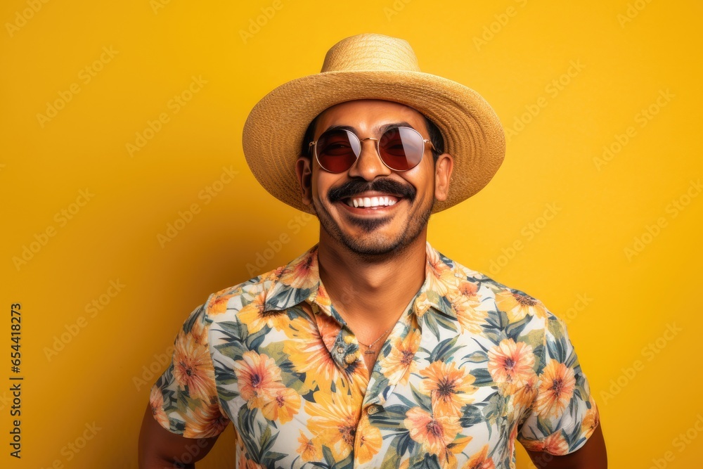 Indian man on vacation wearing floral shirt hat sunglasses over isolated yellow background happy face smiling with crossed arms looking at the camera generative ai Indian man on vacation wearing floral shirt hat sunglasses over isolated yellow background happy face smiling with crossed arms looking at the camera generative ai