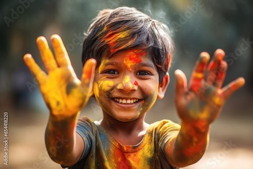 Indian kid blowing holi colour powder from hand during Holi festival celebration generative ai
