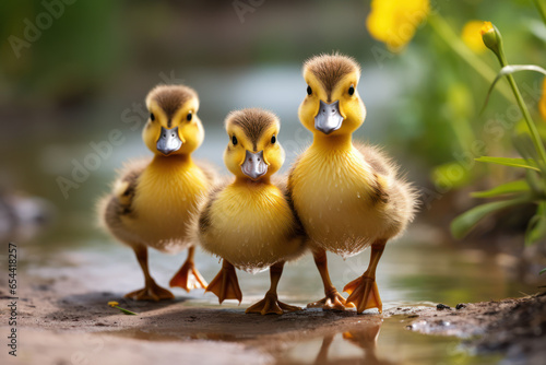 A trio of ducklings following their mother in a perfect line, each trying to imitate her waddle. Concept of duckling parade. Generative Ai.
