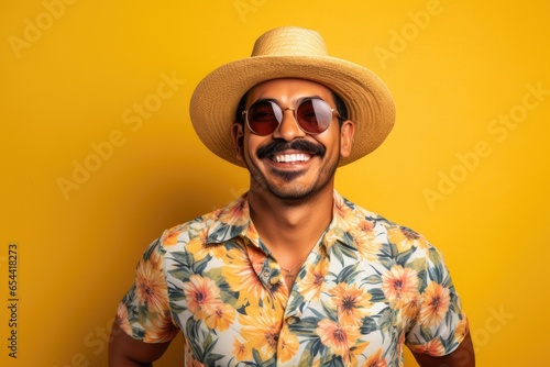 Indian man on vacation wearing floral shirt hat sunglasses over isolated yellow background happy face smiling with crossed arms looking at the camera generative ai