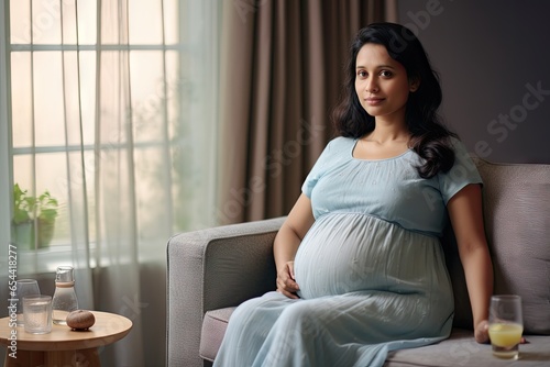 Free Download Indian pregnant woman drinking water while sitting on sofa at home generative ai  - GFXLoad