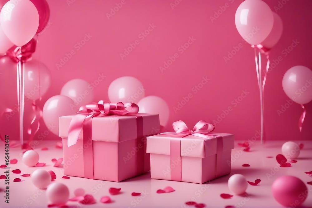 Romantic pink room background with balloons hearts and gift boxes. Valentines Day or Mothers Day Romantic pink room background with balloons hearts and gift boxes. Valentines Day or Mothers Day