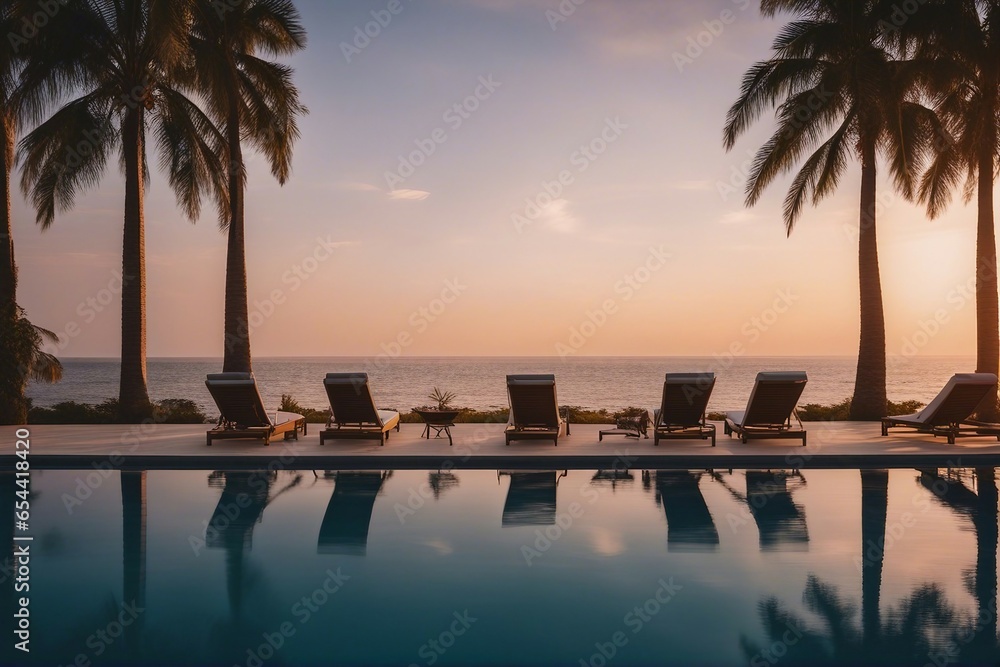 Palms and sunbeds around infinity swimming pool near sea. Ocean with palm trees. Beach at an evening sunset
