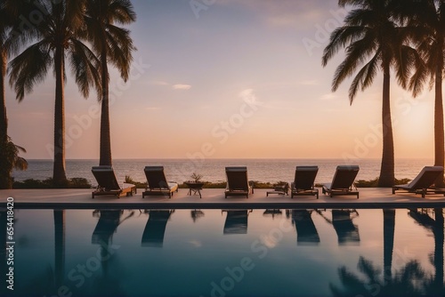 Palms and sunbeds around infinity swimming pool near sea. Ocean with palm trees. Beach at an evening sunset