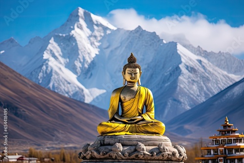 The Maitreya Buddha statue with Himalaya mountains in the background Nubra valley  Leh Ladakh  Northern India generative ai 