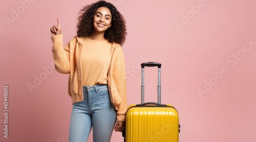 Indian woman ready to go to travel indicates with both forefingers up showing an isolated background studio generative ai  photo