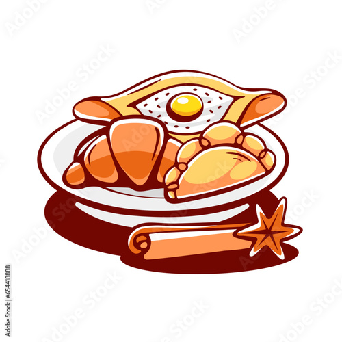 Vector composition of baked goods in cartoon cute style, croissant, pie, khachapuri, cinnamon, cardamom.